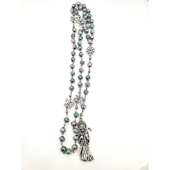 Handmade Electroplate Lava Santa Muerte Rosary Holy Death Amulet Prayer Beads - Picture 6 of 10